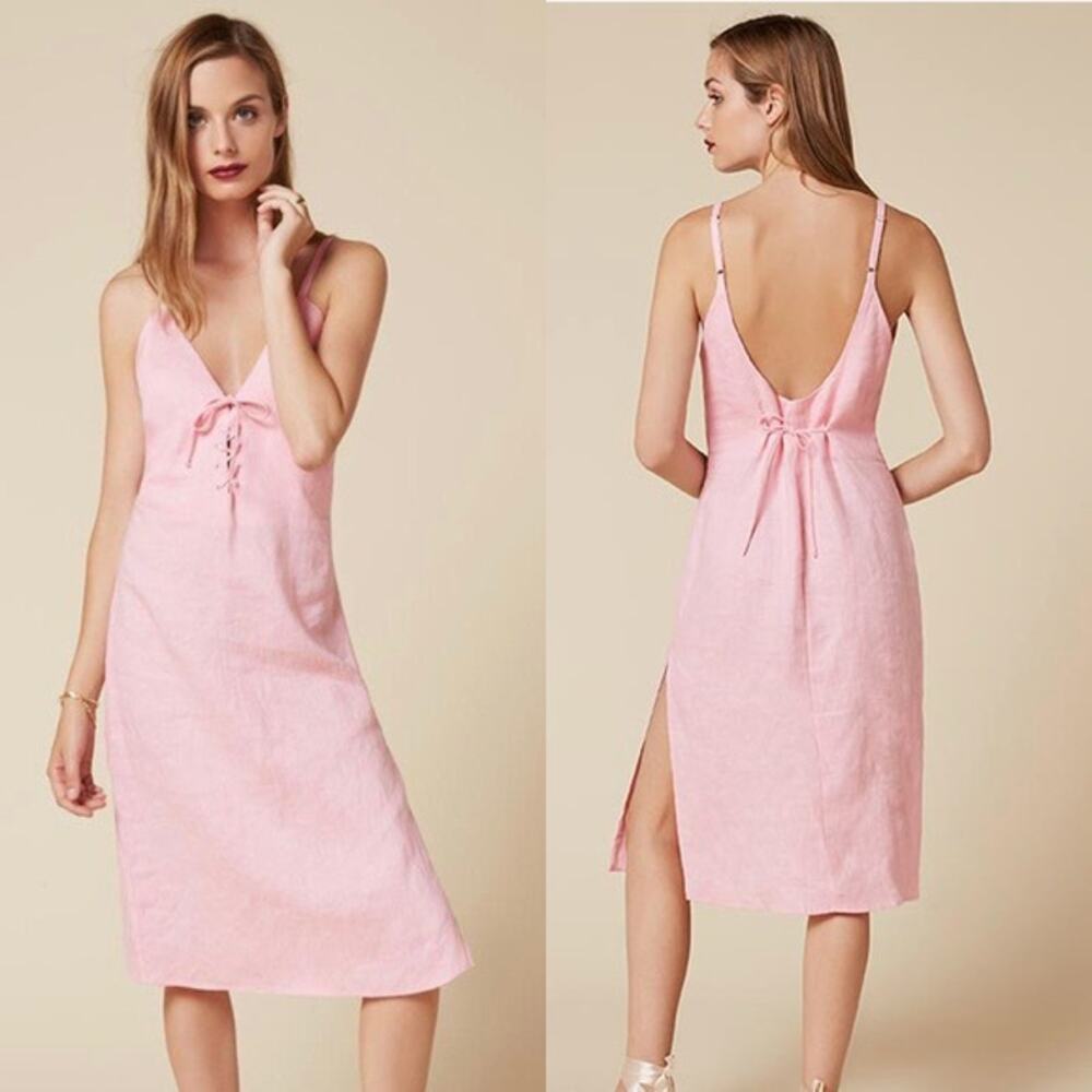 Reformation Carmen Dress Pink Lace Up Shift Sundress Linen Feel SZ S